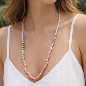 Wooden Beaded Necklace, Pink, Silver, Brown Painted Beads